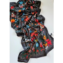 Gucci Vual Ipek Şal Çiçekli  G Baskılı Siyah Gri