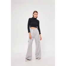 Kargo Cepli Palazzo Oversize Kesim Iki Iplik Bol Paça Eşofman Altı Pantalon - Gri
