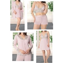 QKK Kadın Pudra Penye Gelin 6'lı Çeyiz Seti Sabahlık & Gecelik & Pijama Şortlu Takım Q9U6O2K0KKA