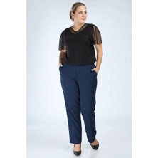 Fatella Kadın Lacivert Beli Lastikli Büyük Beden Pantolon Kumas Pantolon