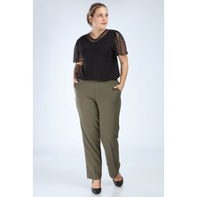 Fatella Kadın Haki Beli Lastikli Büyük Beden Pantolon Kumas Pantolon