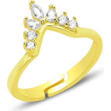 Gümüş Altın Yaldızlı Zirkon Taşlı Ayarlamalı Kristal Işıltılı Yüzük SGTL12696GOLD