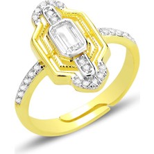 Gümüş Altın Yaldızlı Baget Kesim Zirkon Taşlı Özel Tasarım Ayarlamalı Yüzük SGTL12691GOLD