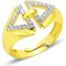 Gümüş Altın Yaldızlı Zirkon Taşlı Birbirine Bağlı Üçgen Ayarlamalı Yüzük SGTL12693GOLD