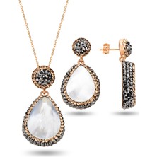Söğütlü Silver Gümüş Rose Inci ve Zirkon Taş ile Bezenmiş Damla Modeli Kolye ve Küpe Ikili Set SGTL12730BEYAZ