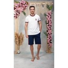 Doreanse Erkek %100 Pamuk Lacivert Beyaz Gemici Baskılı Şort T-Shirt Pijama Takımı 25Y4571