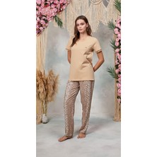Doreanse Kadın Pudra Leopar Desenli Dantel Detaylı T-Shirt Pijama Takımı 25Y4062