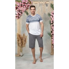 Doreanse Erkek Gri Desenli V Yaka Şort T-Shirt Pijama Takımı 25Y4561