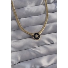 Lucest Yeni Xd Pirinç  Gold Renk Zirkon Taşlı Yıldız Model Siyah Mineli Ezme Zincirli Serenay Kolyesi Kampanyalı