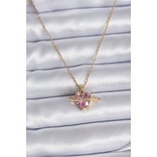 Lucest Yeni Xd      Çelik Özel Seri    Gold Renk Zincir Pembe Kristal Kalp Model  Zirkon Taş Detay Kadın Kolye Kampanyalı
