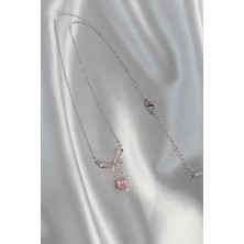 Lucest Yeni Xd Çelik Özel Seri   Renk Fiyonk Detay Pembe Zirkon Taşlı Tektaş Kolye Kampanyalı