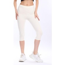 Tight Lady Süper Kalite Ekru Penye Pamuklu Likralı Diz Altı Kapri Tayt Yüksek Bel