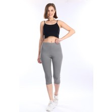 Süper Kalite Gri Penye Pamuklu Likralı Diz Altı Kapri Tayt Yüksek Bel