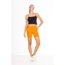 Tight Lady Süper Kalite Turuncu Penye %100 Pamuklu Likralı Diz Üstü Şort Biker Tayt Yüksek Bel