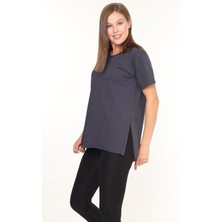 %100 Pamuk Kadın Füme V Yaka Yanı Yırtmaçlı Asimetrik Penye Pamuk Örme T-Shirt Tişört Tunik