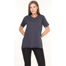 %100 Pamuk Kadın Füme V Yaka Yanı Yırtmaçlı Asimetrik Penye Pamuk Örme T-Shirt Tişört Tunik