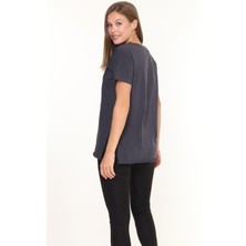 %100 Pamuk Kadın Füme V Yaka Yanı Yırtmaçlı Asimetrik Penye Pamuk Örme T-Shirt Tişört Tunik