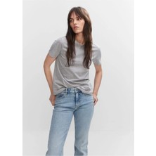 Tight Lady %100 Pamuk Süper Kalite Kadın Tişört Düz Renk Gri Melanj Bisiklet Yaka Organik Pamuk Penye T-Shirt