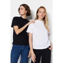 Tight Lady Siyah-Beyaz 2'li Paket %100 Organik Pamuk Basic Ribana'lı Dik Yaka Örme T-Shirt