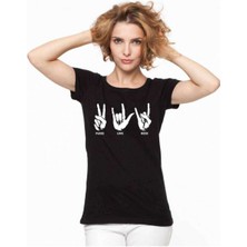 Love Rock Baskılı Dar Kesim Kadın Siyah T-Shirt