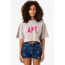 Blackpink Apt Taş Rengi Kadın Crop Kapşonlu