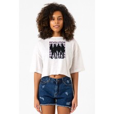 Blackpink Revolution Beyaz Kırçıllı Kadın Crop Tshirt
