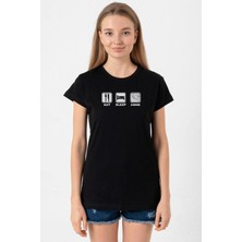 Eat Sleep Anime Siyah Kadın Tshirt