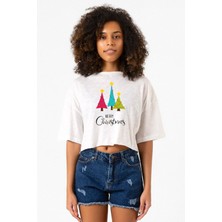 Merry Christmas Beyaz Kırçıllı Kadın Crop Tshirt