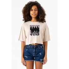Blackpink Revolution Bej Kadın Crop Tshirt