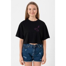 Blackpink Rose Signature Siyah Kadın Crop Tshirt