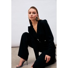 Sateen Kruvaze Taş Detaylı Krep Tulum - Siyah