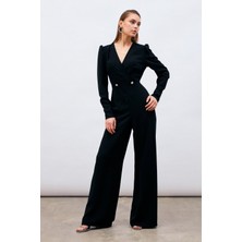 Sateen Kruvaze Taş Detaylı Krep Tulum - Siyah
