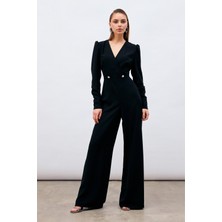 Sateen Kruvaze Taş Detaylı Krep Tulum - Siyah