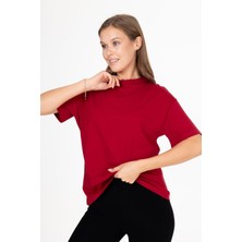 Tight Lady %100 Organik Pamuk Kadın Bordo Basic Ribana'lı Dik Yaka Örme T-Shirt Yarım Balıkçı