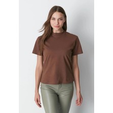 Tight Lady %100 Organik Pamuk Kadın Kahverengi Basic Ribana'lı Dik Yaka Örme T-Shirt Yarım Balıkçı