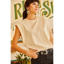 Tight Lady Bej %100 Pamuk Vatka Görünümlü Basic Bisiklet Yaka Örme T-Shirt