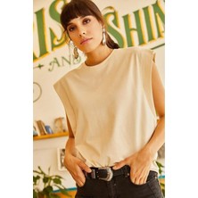 Tight Lady Bej %100 Pamuk Vatka Görünümlü Basic Bisiklet Yaka Örme T-Shirt