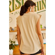 Tight Lady Bej %100 Pamuk Vatka Görünümlü Basic Bisiklet Yaka Örme T-Shirt