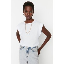 Tight Lady Beyaz %100 Pamuk Vatka Görünümlü Basic Bisiklet Yaka Örme T-Shirt