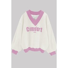 Trendseninle Kadın 3 Iplik Beyaz Comfort In Paris Baskılı V Yaka Oversize Sweatshirt