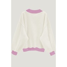 Trendseninle Kadın 3 Iplik Beyaz Comfort In Paris Baskılı V Yaka Oversize Sweatshirt