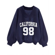 Trendseninle Kadın 3 Iplik Lacivert California 98 Baskılı V Yaka Oversize Sweatshirt