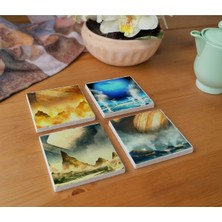 Atölye Uzay ve Gezegen Temalı Doğal Taş Bardak Altlığı 4’lü Set (10X10 Cm)