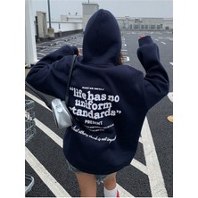 Trendseninle Kadın Lacivert Oversize Life Has Baskılı Kapüşonlu Sweatshirt Hoodie