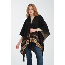 Vega Moda Etnik Desenli Panço, Balıkçı Dikişli Düğme Detaylı Panço, Dış Giyim Panço, Triko Örğü Şık Panço