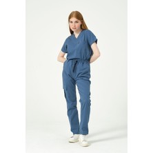 Pratik Medikal Indigo Likralı Scrubs Kargo Cep Doktor Hemşire Forması Yarasa Kol Takım