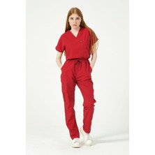 Pratik Medikal Kırmızı Likralı Scrubs Kargo Cep Doktor Hemşire Forması Yarasa Kol Takım