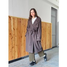 Retrobird Tasarım Ingiliz Pelerin Model Trenchcoat Ceket Kadın Koyu Kahverengi