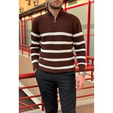 İnpool Çizgi Desenli, Yarım Fermuarlı, Dik Yaka, Triko Örgü, Desen Takipli, Kışlık Kazak 24PLTK08