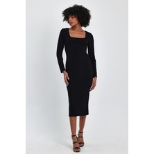 Kare Yaka Yırtmaçlı Elbise (00170)